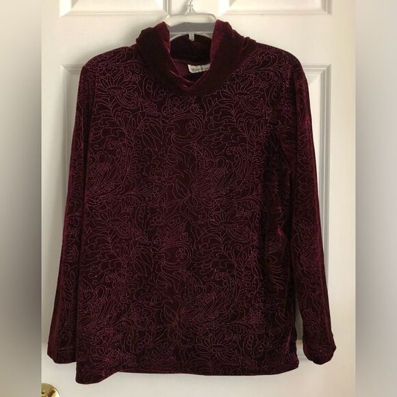 COLDWATER CREER WOMEN'S BLOUSE SIZE MEDIUM RED VELVET FLORAL TUNIC MONK NECK - Picture 1 of 7